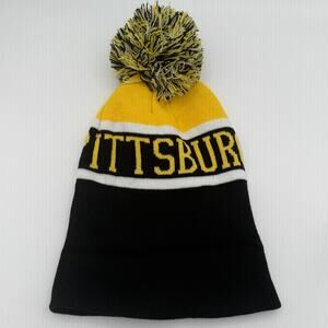 NWT Pittsburgh Pom Beanie Hat Cuffed Knit Winter Cap Black Gold Yellow Wordmark